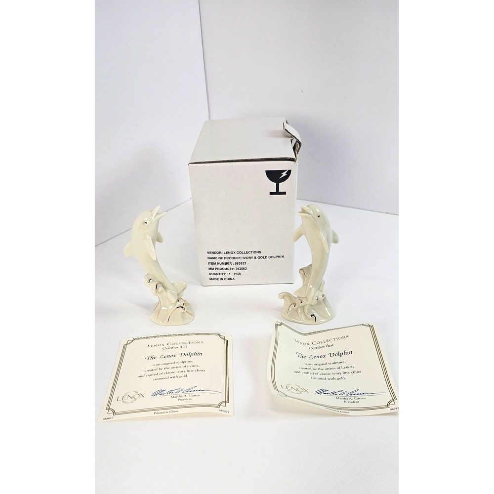 Lenox‎ Fine China Dolphins On Wave Pair 4" Figurines Ivory With 24k Gold Accents